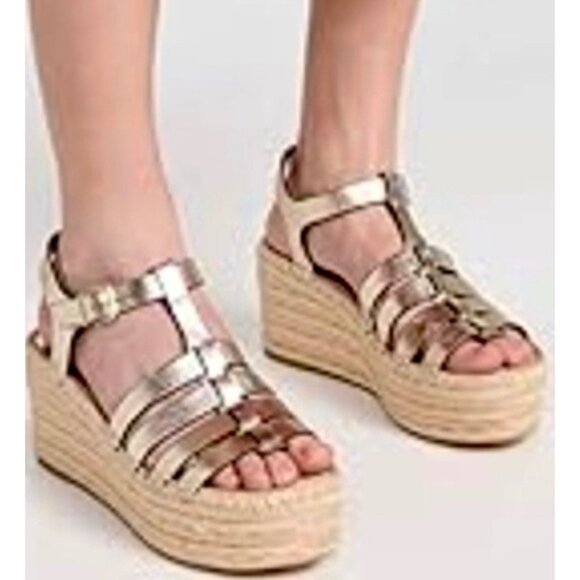 Tory Burch Espadrille Wedge Sandals Spark Gold Metallic Leather New Size 5.5 - Picture 1 of 16
